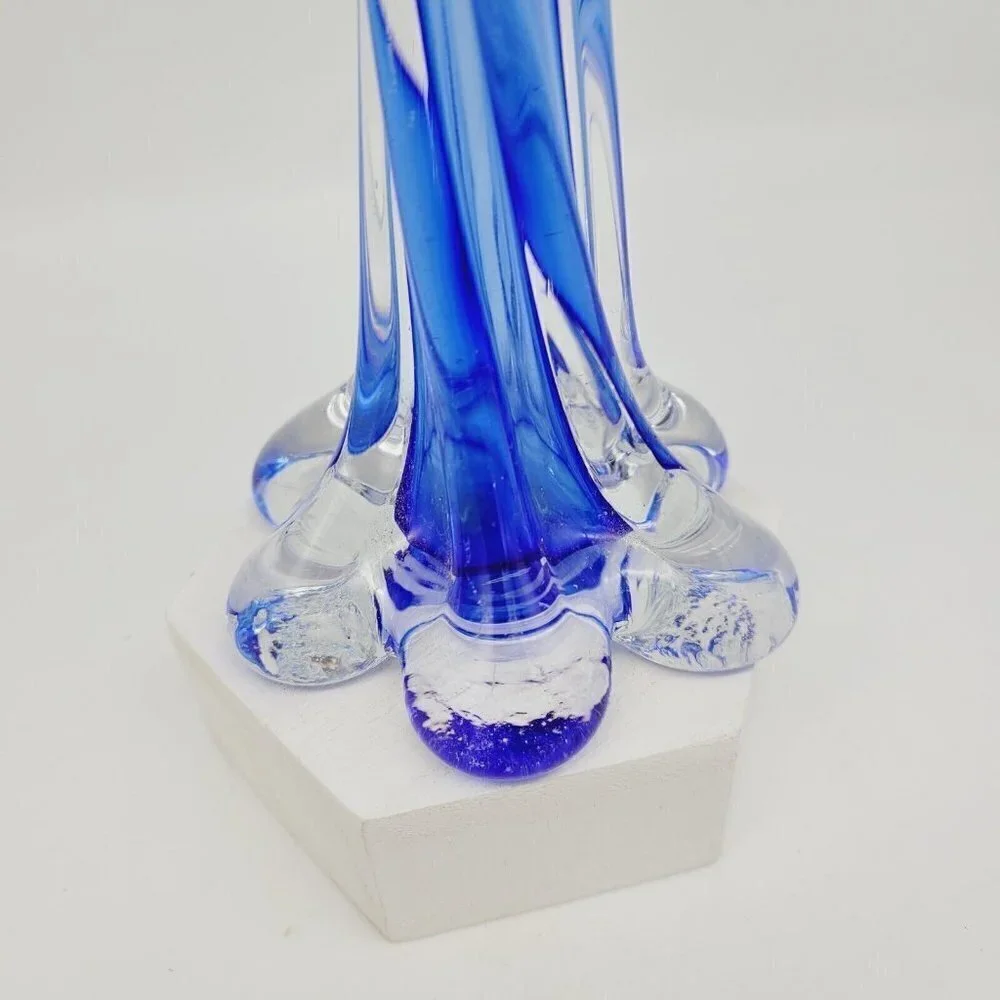 Vintage Cobalt Blue Encased Twisted Blue Art Glass Vase Elephant Foot Base 11.5
